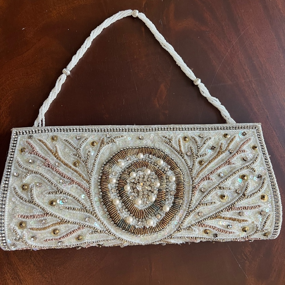 Elegant Beaded Clutch in Cream and Gold
